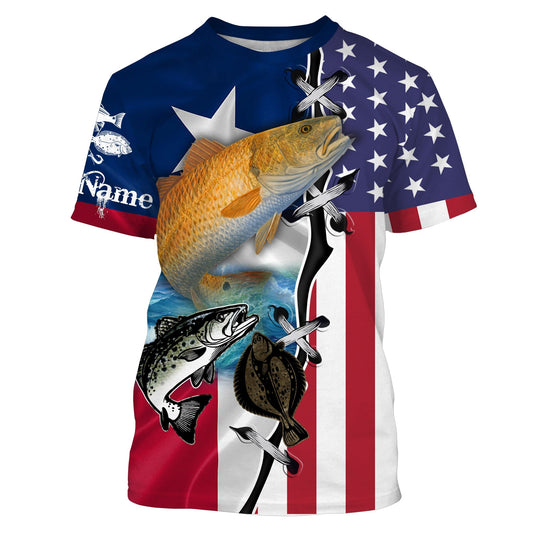 Bluejose Inshore Grand Slam Redfish, Speckled Trout, Flounder Texas American Flag Custom Name All Over Printed Fishing Shirts