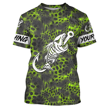BlueJose Custom Name Fish Hook Skull Green Camo Shirt