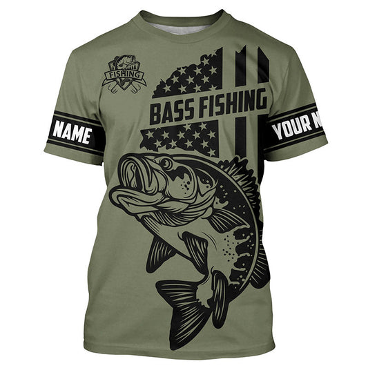 BlueJose Bass Hunter Fishing American Flag Custom Name Shirt