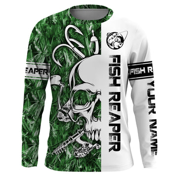 BlueJose Halloween Fish Reaper Fishing Green Camo Custom Name Long Sleeve Shirt