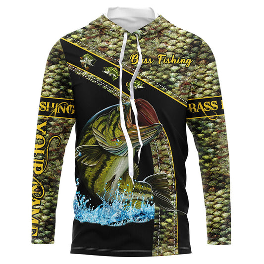 Bluejose Largemouth Bass Fishing Green Bass Scales Custom Name Bass Fishing Long Sleeve, Long Sleeve Hoodedâ