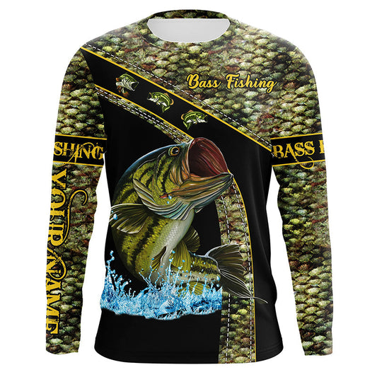 Bluejose Largemouth Bass Fishing Green Bass Scales Custom Name Bass Fishing Long Sleeve, Long Sleeve Hoodedâ