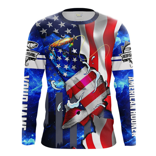 Bluejose Redfish Fishing American Flag Patriotic Custom Name Long Sleeves