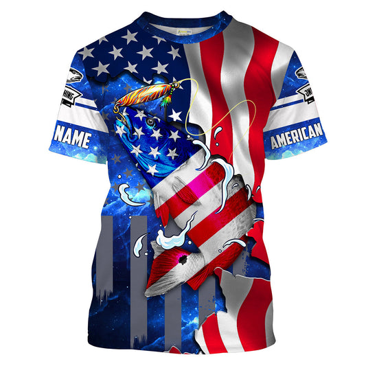 Bluejose Redfish Fishing American Flag Patriotic Custom Name Long Sleeves