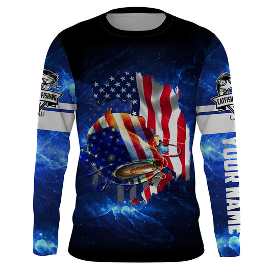 Bluejose Catfish Fishing American Flag Patriotic Galaxy Performance Fishing Shirts Quick Dry Customize Name Long Sleeves