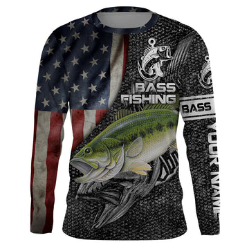 Bluejose Largemouth Bass Fishing American Flag Custom Fishing Shirts For Men Performance Long Sleeve