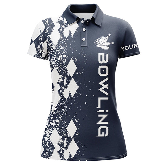 BlueJose Dark Blue Bowling Argyle Bowling Pattern Premium Customized Name 3D Shirt For Women