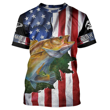 BlueJose Walleye Fishing American Flag Patriotic Personalized Shirt