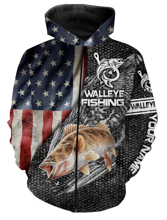 BlueJose Walleye Fishing American Flag Patriotic Custome Name 3D Hoodie