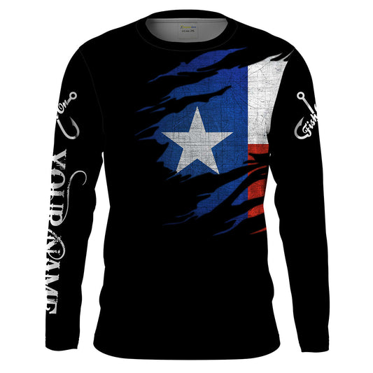 Bluejose Tx Fishing Fish On Black Texas Flag Quick Dry Customize Name Long Sleeves Fishing Shirts