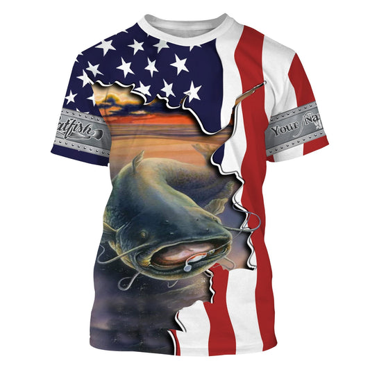 Bluejose Catfish Fishing American Flag Patriotic Fishing Clothing Custom Name Performance Fishing Catfish Shirt