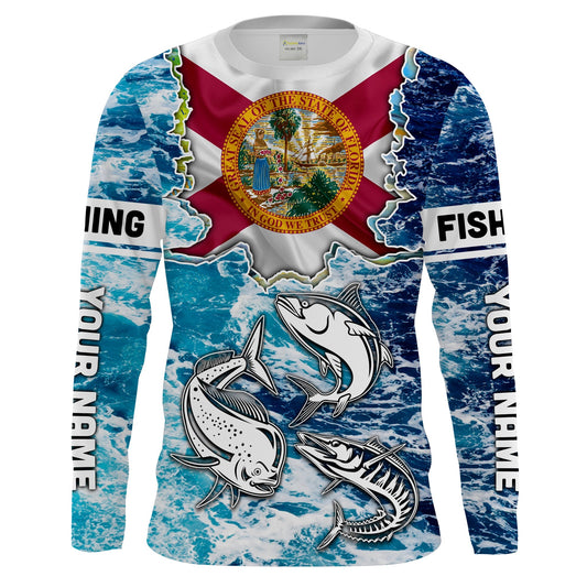 Bluejose Florida Flag Mahimahi, Wahoo, Tuna Blue Camo Performance Fishing Shirt Customize Name Long Sleeves