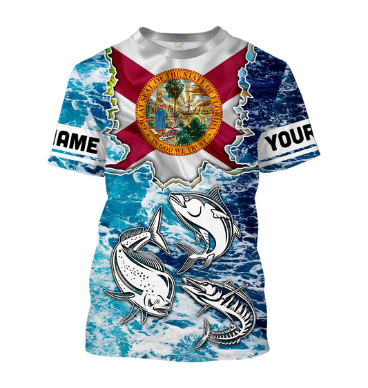 Bluejose Florida Flag Mahimahi, Wahoo, Tuna Blue Camo Performance Fishing Shirt Customize Name Long Sleeves