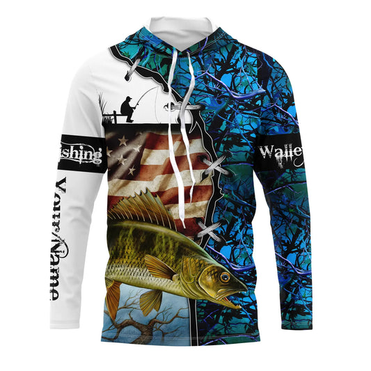 Bluejose Walleye Fishing American Flag Teal Blue Camo Custom Long Sleeve, Long Sleeve Hooded