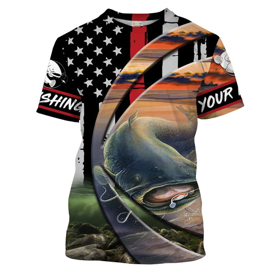 Bluejose Catfish Fishing American Flag Patriotic Fishing Customize Name Long Sleeves Fishing Shirts