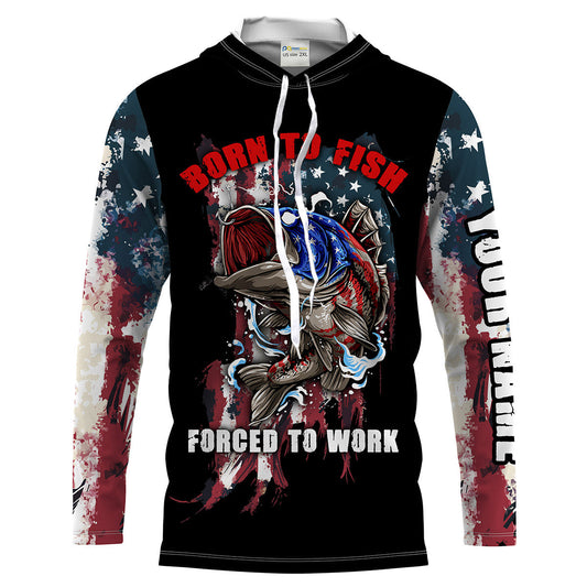 Bluejose Mens Funny Fishing Shirt "Born To Fish - Forced To Work" Us Flag / Long Sleeves