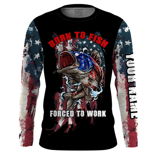 Bluejose Mens Funny Fishing Shirt "Born To Fish - Forced To Work" Us Flag / Long Sleeves