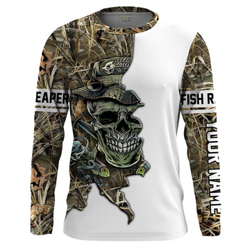 BlueJose Halloween Fishing Fish Grim Reaper Skull Custom Name Long Sleeve Shirts