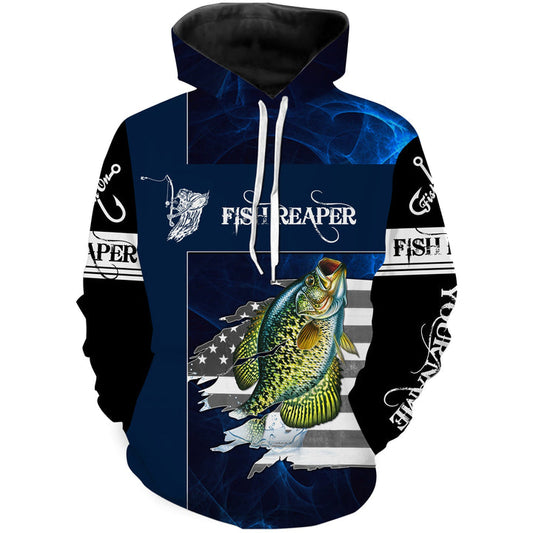 BlueJose Fish Reaper Crappie Fishing American Flag Customize Name 3D Hoodie