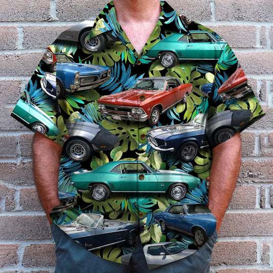 Custom Classic Car Photo Hawaiian Shirt, Tropical Tree Pattern, Summer Gift