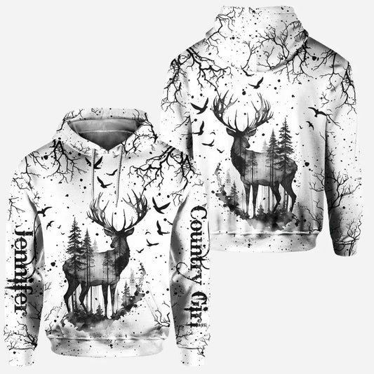 BlueJose Country Style Black White, Personalized Hunting All Over Shirt, Personalized 3D Hoodie For Hunting Lover