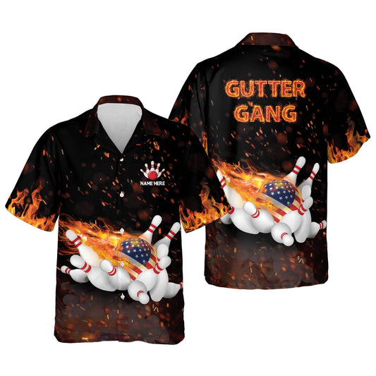 BlueJose Flame Bowling Gutter Gang Personalized Name Hawaiian Shirt