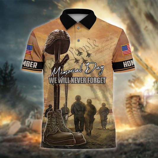BlueJose Premium Memorial Day We Will Never Forget Polo Shirt