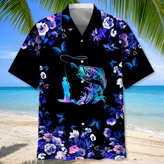 BlueJose Fishing Neon Floral Pattern Hawaiian Shirt