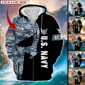 BlueJose Premium Multiple US Military Services Veteran Personalize Zip Hoodie