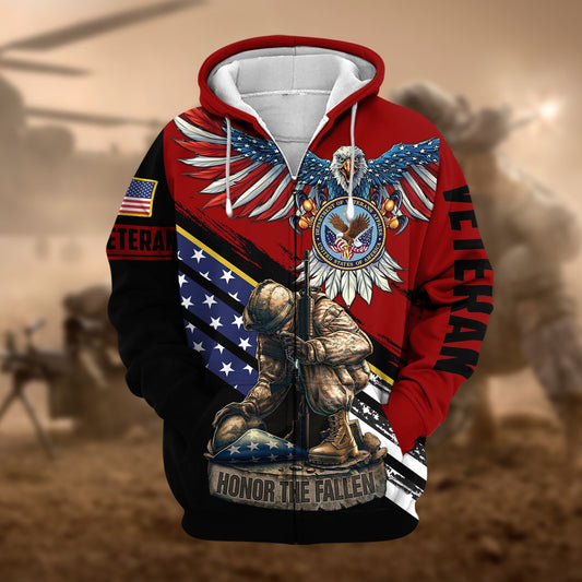 BlueJose Premium Honor The Fallen US Veteran Zip Hoodie
