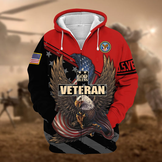 BlueJose Premium God Bless US Veteran Zip Hoodie
