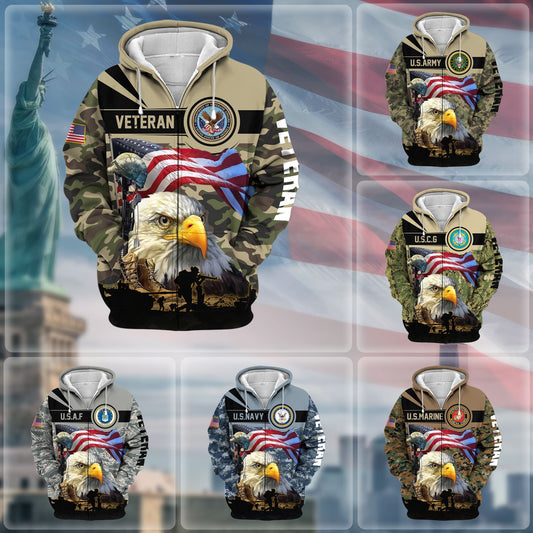 BlueJose Premium Honoring All Who Served US Veteran Zip Hoodie