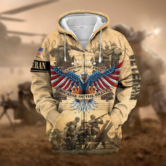BlueJose Premium Land Of The Free US Veteran Zip Hoodie