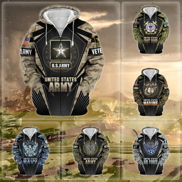 BlueJose Unique Camo Soldiers US Veteran Zip Hoodie