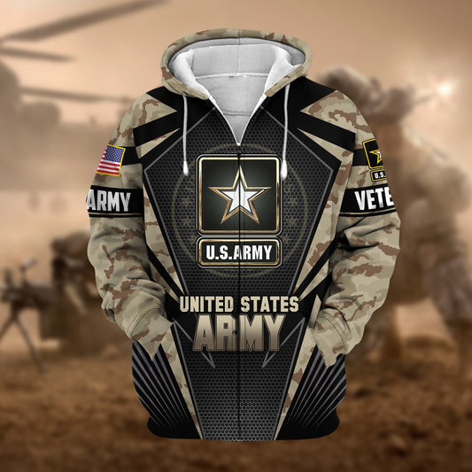 BlueJose Unique Camo Soldiers US Veteran Zip Hoodie