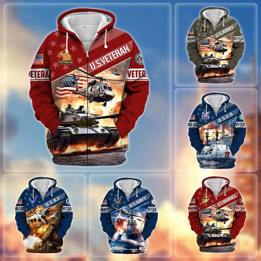 BlueJose Premium Multiple Military Services US Veteran Zip Hoodie
