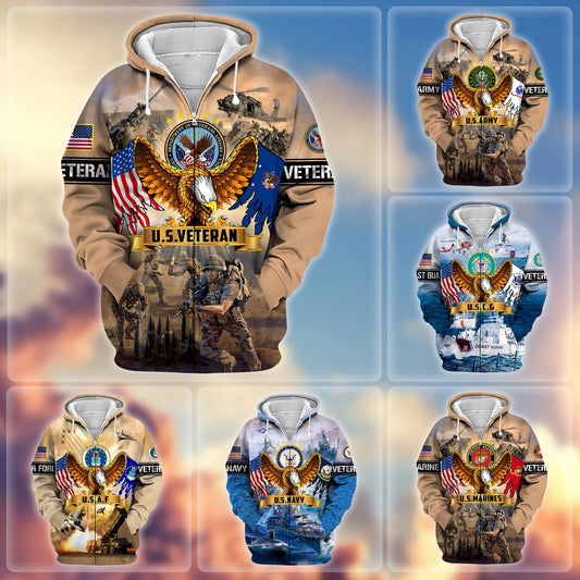 BlueJose Premium Land Of The Free US Veteran Zip Hoodie