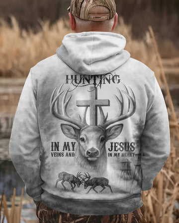 BlueJose I've Got Hunting In My Veins And Jesus In My Heart Grey Shirt, Personalized Hunting 3D Shirt