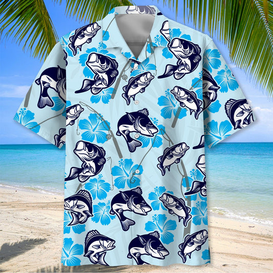 BlueJose Fishing Floral Pattern Blue Hawaiian Shirt