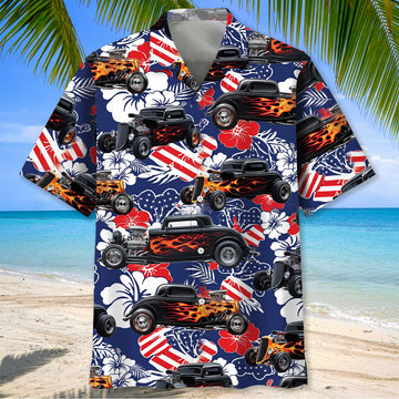 Bluejose Personalized American Flag Flame Hot Rod Tropical Hibiscus Hawaiian Shirt