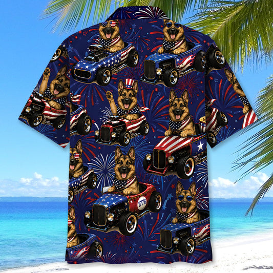 Bluejose 4th Of July Funny German Shepherd Hot Rod Hawaiian Shirt