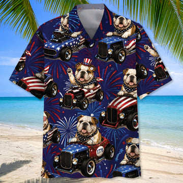 Bluejose 4th Of July Funny English Bulldog Hot Rod Hawaiian Shirt