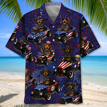 Bluejose 4th Of July Funny Dachshund Hot Rod Hawaiian Shirt