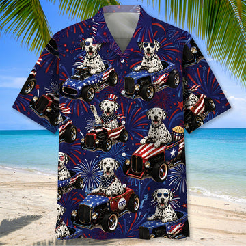 Bluejose 4th Of July Funny Dalmatian Hot Rod Hawaiian Shirt