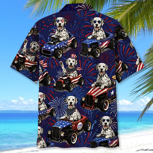 Bluejose 4th Of July Funny Dalmatian Hot Rod Hawaiian Shirt