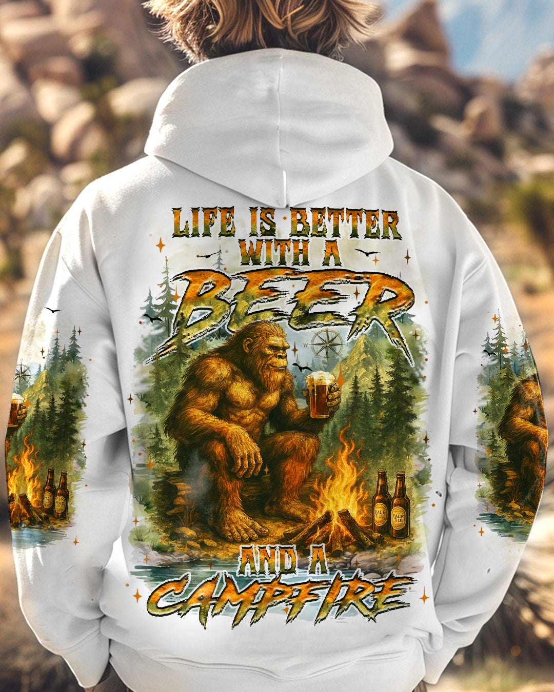 LIFE IS BETTER WITH A BEER AND A CAMPFIRE BIGFOOT ALL OVER PRINT - YHHN1009252