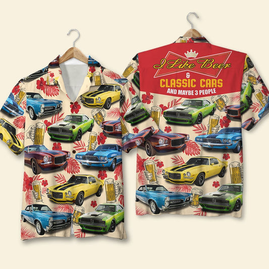 Bluejose I Like Beer & Classic Cars And Maybe 3 People - Custom Classic Car Photo Hawaiian Shirt