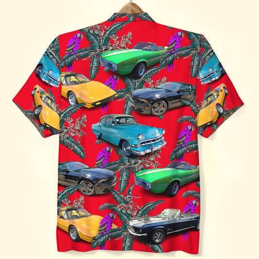 Bluejose Custom Classic Car Photo Hawaiian Shirt, Purple Parrot Seamless Pattern, Gift For Car Lovers