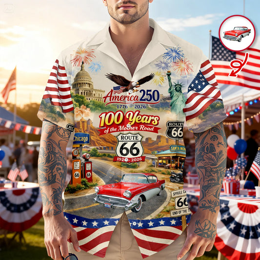 BlueJose Celebrate 100 Years of Road Route 66 and America 250th Anniversary Custom Car Photo Hawaiian Shirt