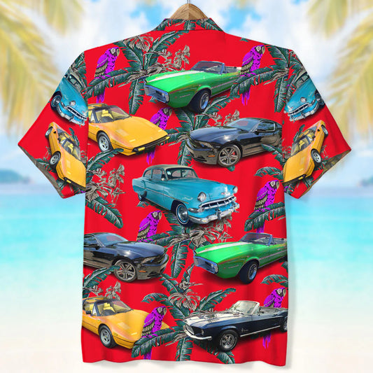 Custom Classic Car Photo Hawaiian Shirt, Purple Parrot Seamless Pattern, Gift For Car Lovers